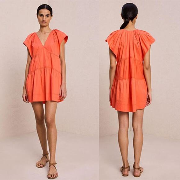 NWT A.L.C. Haley Cotton V Neck Short Sleeve Mini Dress in Spiced Coral Orange